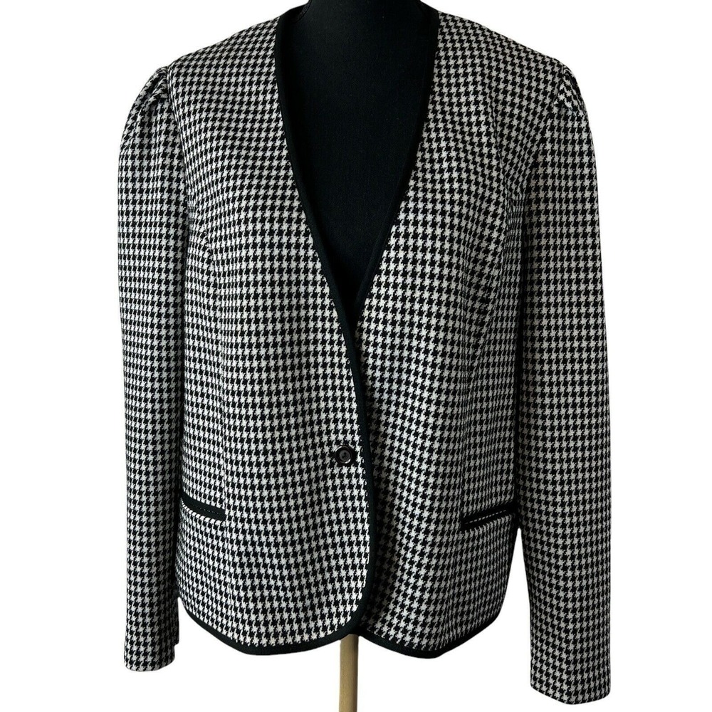 Marty Gutmacher Women‎ Houndstooth Blazer Black White Puff Shoulder Knit Medium